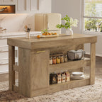 Tribesigns Kitchen Island with Trash Storage Cabinet, 55" Large Prep Table | 2-Tier Shelf, Farmhouse Island Table Furniture for Meal Prep, Dining & Entertaining, Natural Oak Wood, Supports up to 350 lb