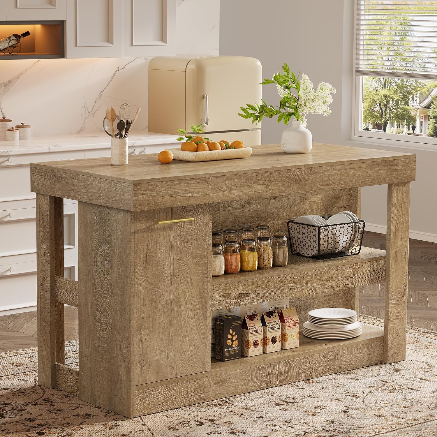 Tribesigns Kitchen Island with Trash Storage Cabinet, 55" Large Prep Table | 2-Tier Shelf, Farmhouse Island Table Furniture for Meal Prep, Dining & Entertaining, Natural Oak Wood, Supports up to 350 lb