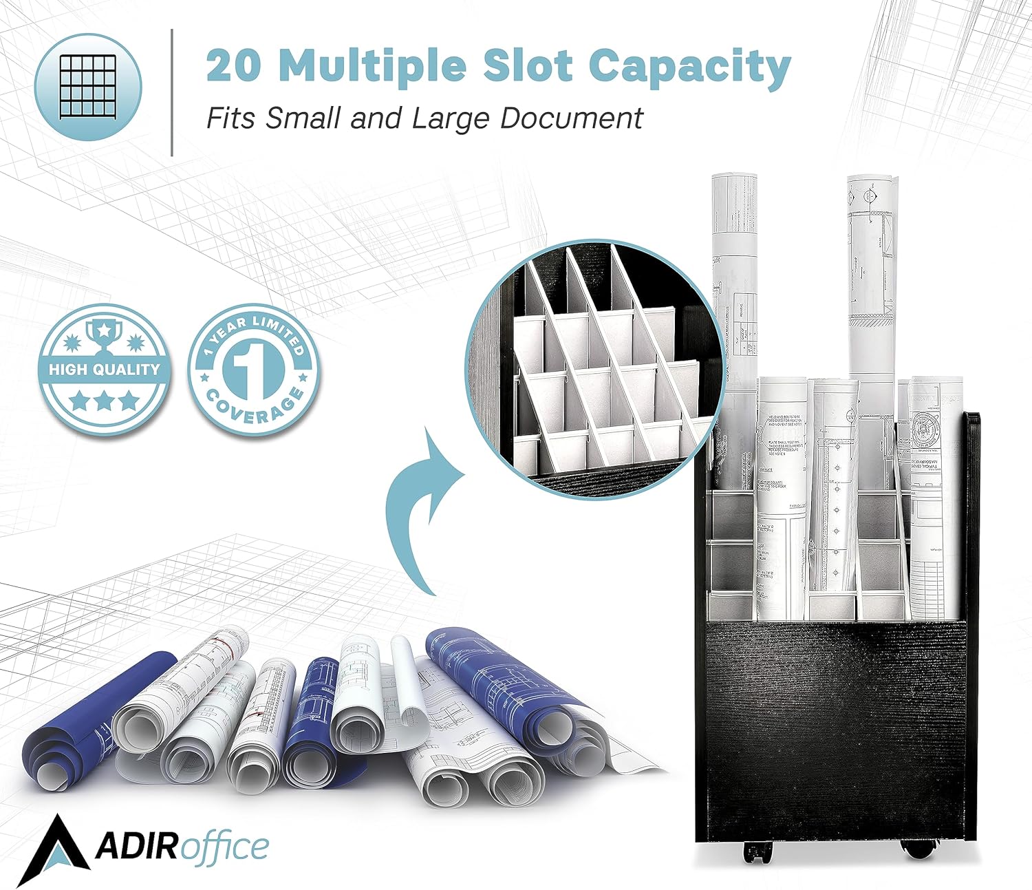 AdirOffice Adir Blue Print Storage Organizer - Mobile Roll File Cart, Construction Plan Holders, Blueprint Cabinet with Wheels, Roll Files Storage for Office and Home (20 Slots, Black)