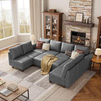 SITJOY 118" Faux Leather Modular Sectional Sofa with Storage, Mid Century Modern Sectional Couches for Living Room, Soft Padded Armrests, Oversized 10 Seat U Shaped Sofa Bed with Chaise, Gray