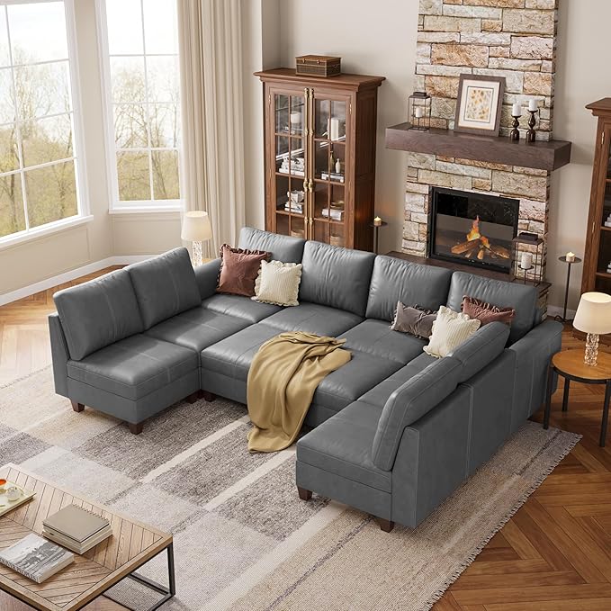 SITJOY 118" Faux Leather Modular Sectional Sofa with Storage, Mid Century Modern Sectional Couches for Living Room, Soft Padded Armrests, Oversized 10 Seat U Shaped Sofa Bed with Chaise, Gray