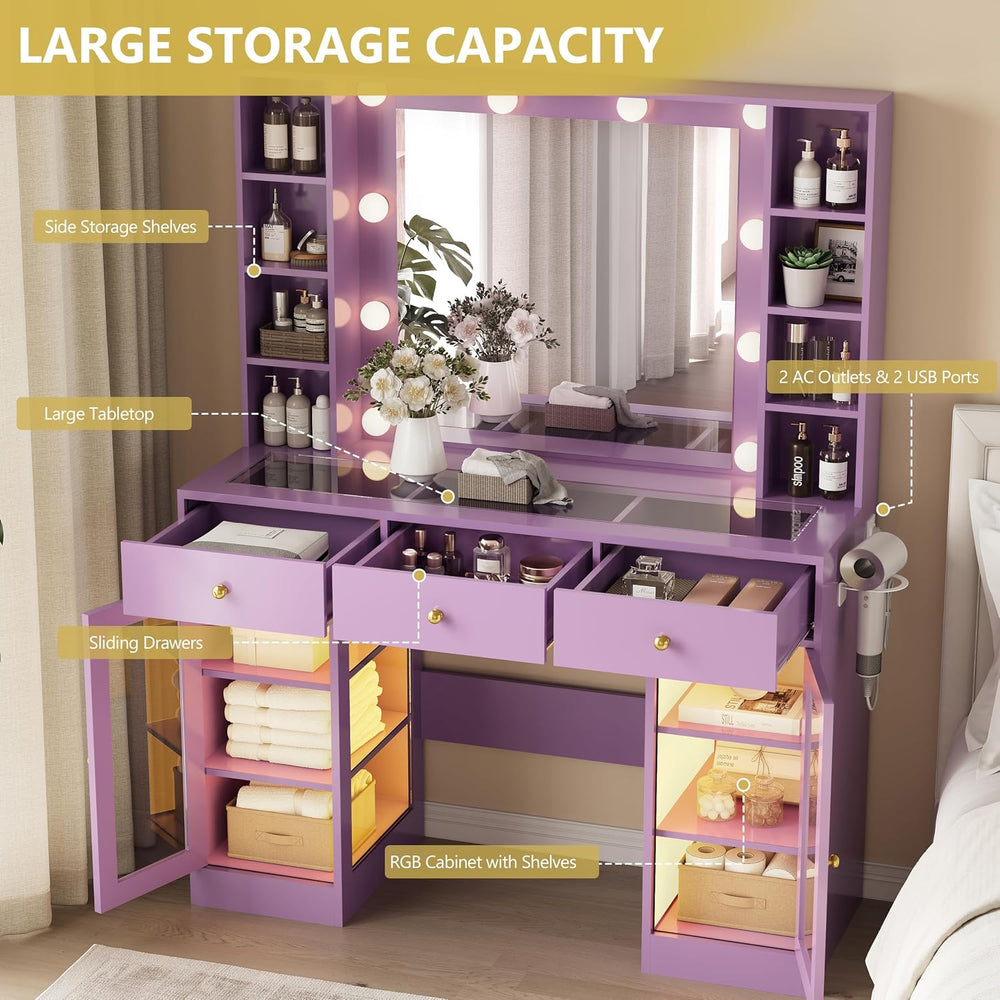 Xixini 43.3" Makeup Vanity with Mirror & Lights, RGB Glass Cabinets,...