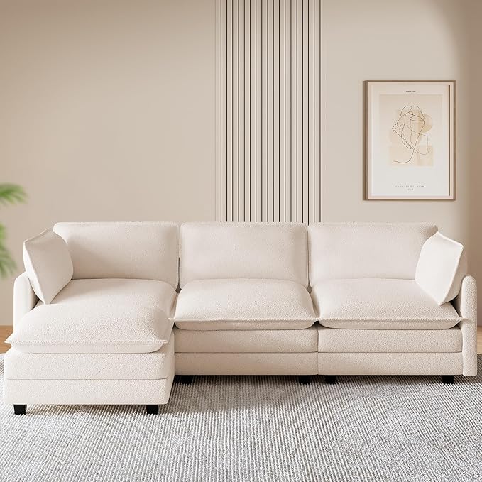 ROWHY 112'' Modular Sectional Cloud Couch with Movable Ottoman, 4 Seat Modern Chenille Sofa with 2 Throw Pillows, Deep Seat L Shaped Couch for Living Room Bedroom Apartment, Beige | Arrange Freedom, Pet-Friendly Fabric, Sturdy Frame, Ultimate Comfort, ...
