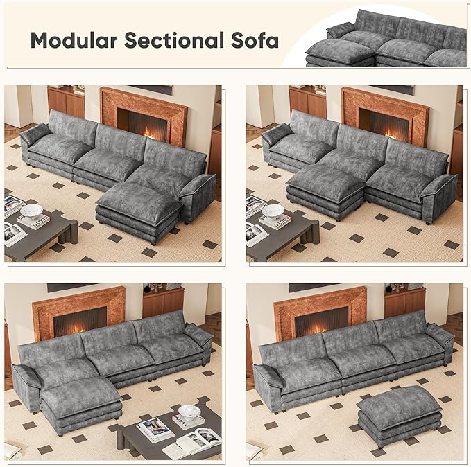 Furniwell 119" Modular Couch 3-Seat Sofa with Reversible Ottoman, Cloud Couch L Shaped Sofa with Deep Seat, Chenille Sectional Couches for Living Room