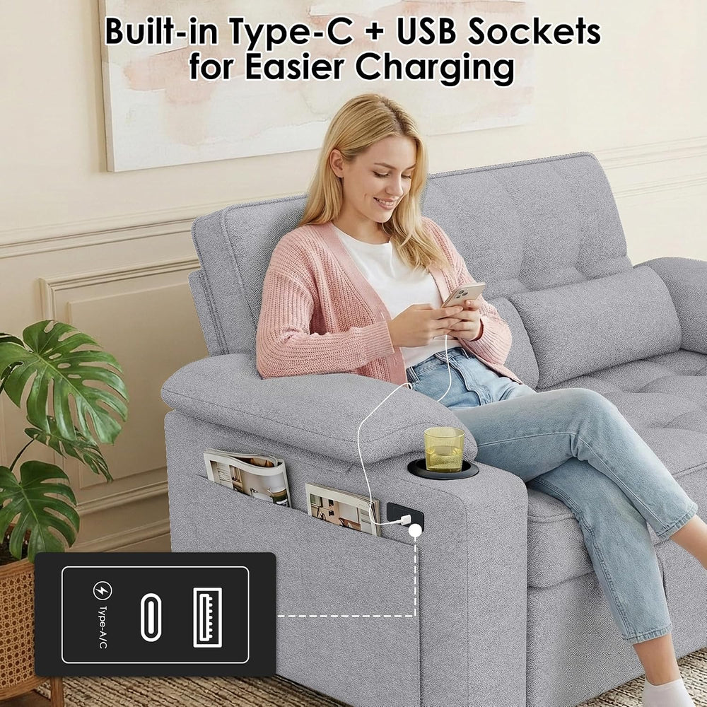 58'' Convertible Sofa Bed with USB Charger and Cup Holders, Teddy Fab...