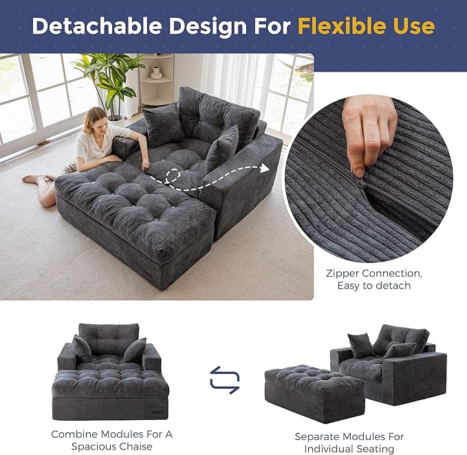 MAXYOYO Modular Sectional Chaise Lounge Sofa, Upholstered Lounge Chair with Ottoman, Comfy Couch with Layered Cushion, Tufted Upholstered Sleeper Chair for Living Room, No Assembly, Dark Grey