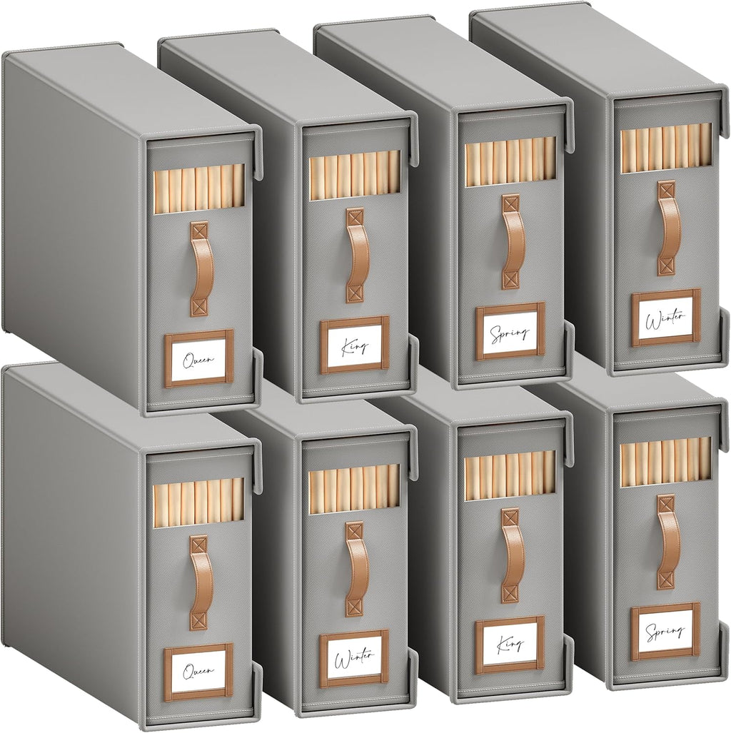 8 Pack Bed Sheet Organizers And Storage(King & Queen Size) With Leather Handles,Foldable Linen Closet Organizer With Clear Window,Bedding Storage Box For Blanket,Sheets,Duvet Cover-Gray