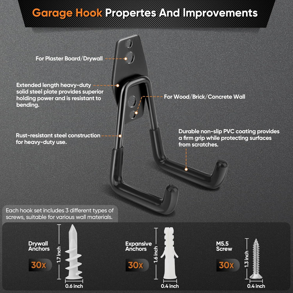 Nacial 16 Pack Garage Hooks Heavy Duty, Utility Steel Garage Storage Hook with 2 Storage Straps, Utility Garage Wall Mount Hooks for Hanging Bike, Ladder and Garden Tools, Perfect for Father Day Gifts