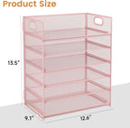 Subekyu 6 Tier Office File Paper Desk Tray Organizer with Handle, Stackable Slide Mesh Letter Tray Folder Pink Desk Organizer, Desktop Document Sorter for Classroom, Office, Home Supplies Storage