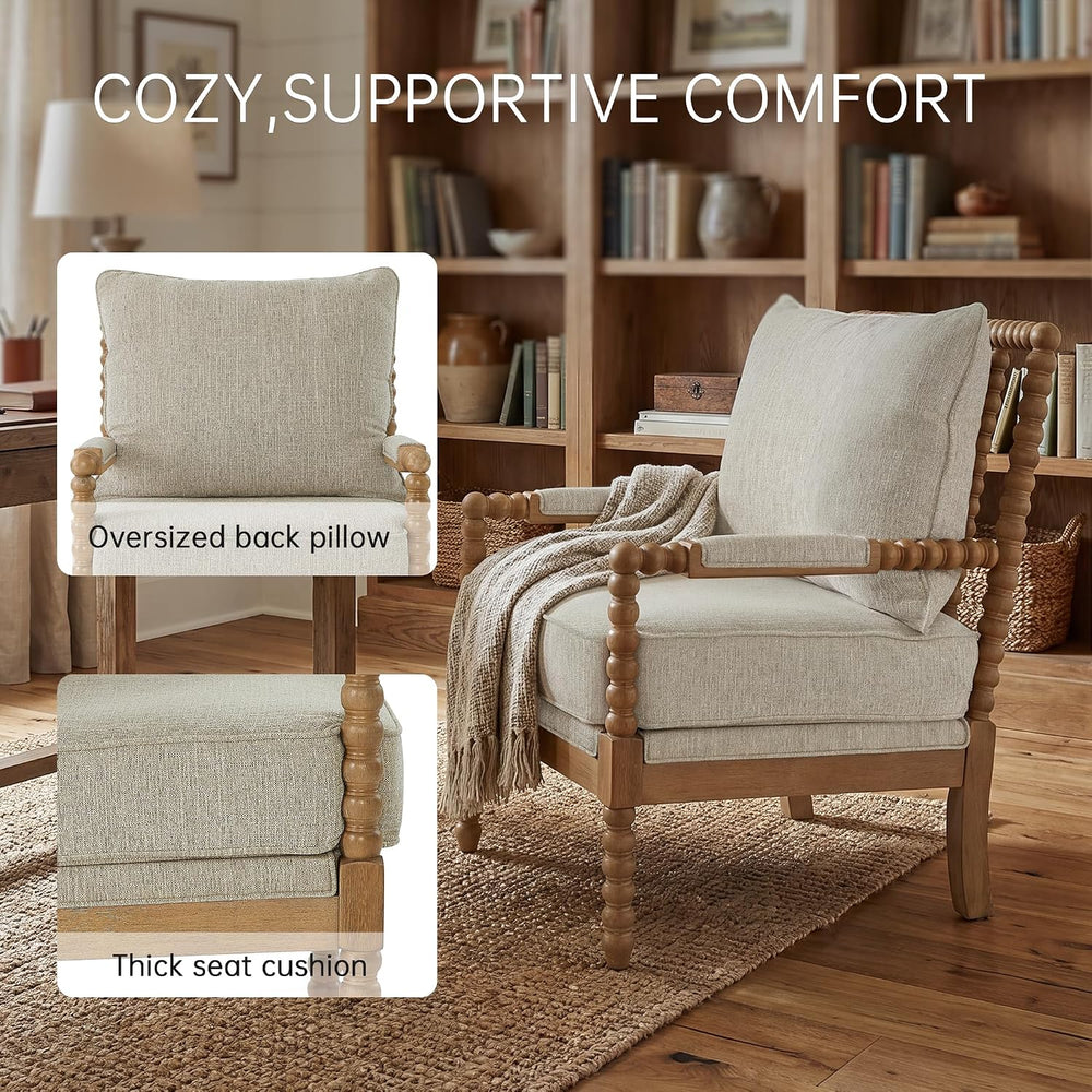 Morden Fort Linen Fabric Spindle Accent Chair with Wood Frame, French Style A...