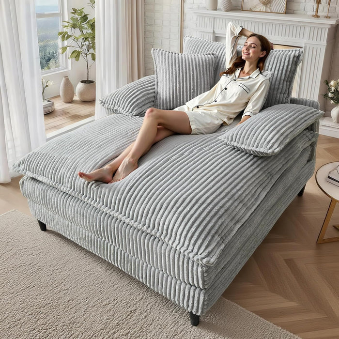 WESTSETLUX 55" W Oversized Chaise Lounge Sofa Couch with 5-Position Adjustable Backrest, Corduroy Sleeper Chair Sofa Bed, Reading Chair ‌with Deep Seat, Cloud Couches for Living Room, Bedroom, Grey