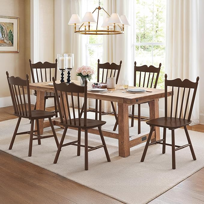 LUE BONA Wooden Dining Chairs Set of 6, Windsor Dining Chair with Thickened Backrest, Morden and Mid Century Kitchen Chairs for Dining Room Farmhouse, Weight Capacity 350 lbs