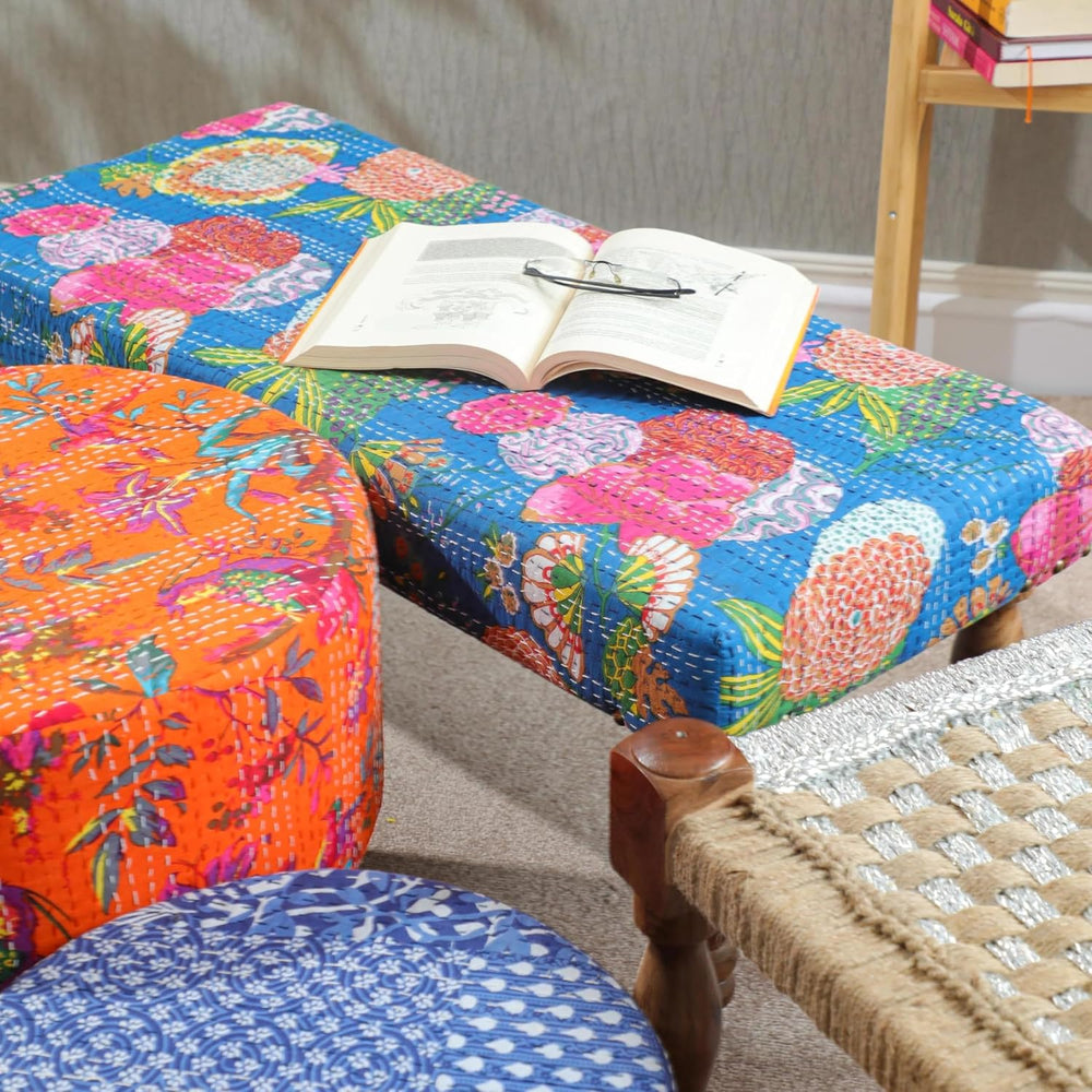 Desi Favors Blue Kantha Bench - Indian Cairo Wooden Bench - Handmade Kantha C...