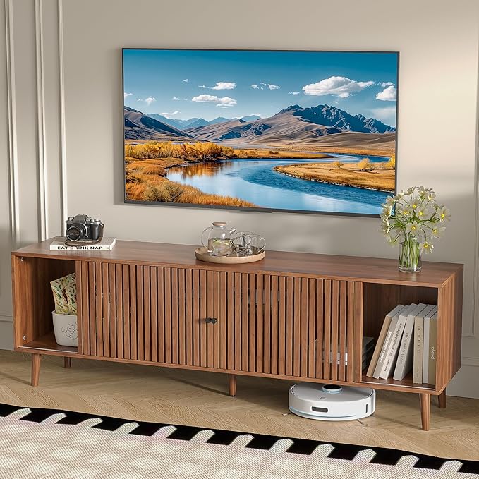 Mid Century Modern TV Stand for Televisions up to 70 Inches, with Sliding Doors and Storage, Television Stands, TV Consoles, Media Consoles for Living Room(Walnut-70inch)