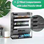 EASEPRES Desk File Organizer Mesh 6-Tier, Hanging Wall Mount Document Organization Stand, Desktop Vertical Mail Paper Folder Holder Rack with Bottom Tray for Office Home Cubicle Countertop, Black