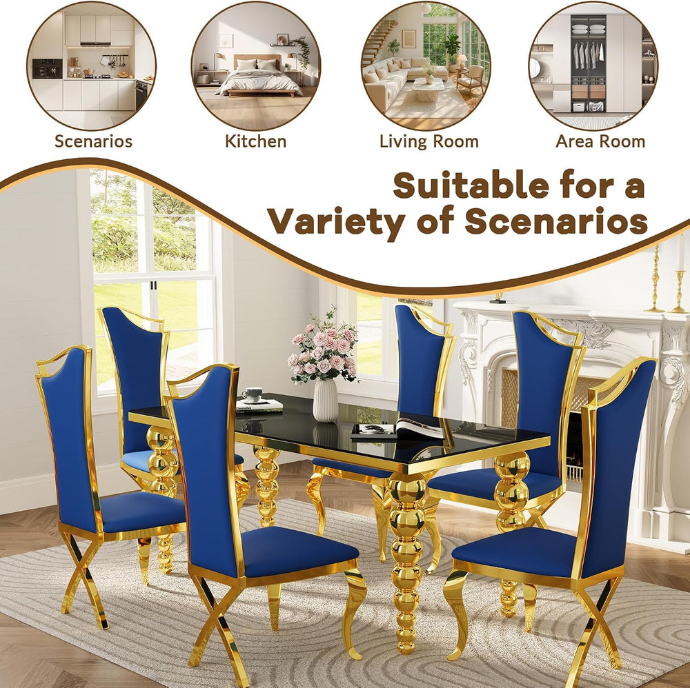 Dining Room Table Set for 6, 70 Inch Elegant Black Glass Kitchen Tabletop wit...