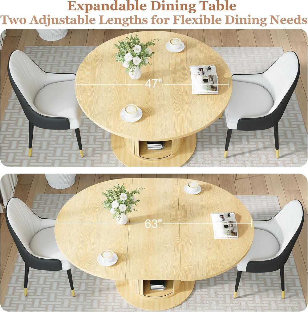 47"-63" Extendable Round-to-Oval Dining Table with Double-Layer Hid...