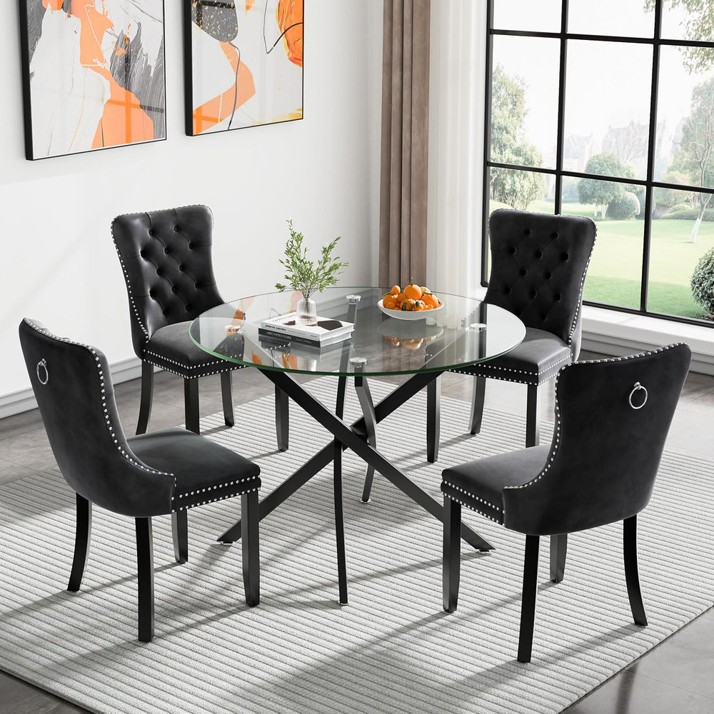 Modern Glass Dining Table Round Dining Room Table with Tempered Glass Top, Bl...