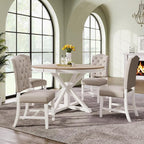 SogesPower 5-Piece Round Farmhouse Retro Dining Table Set for 4, Space-Saving Kitchen Table Set with Extendable Table and 4 Upholstered Chairs for Dining Room Living Room,Oak Natural Wood