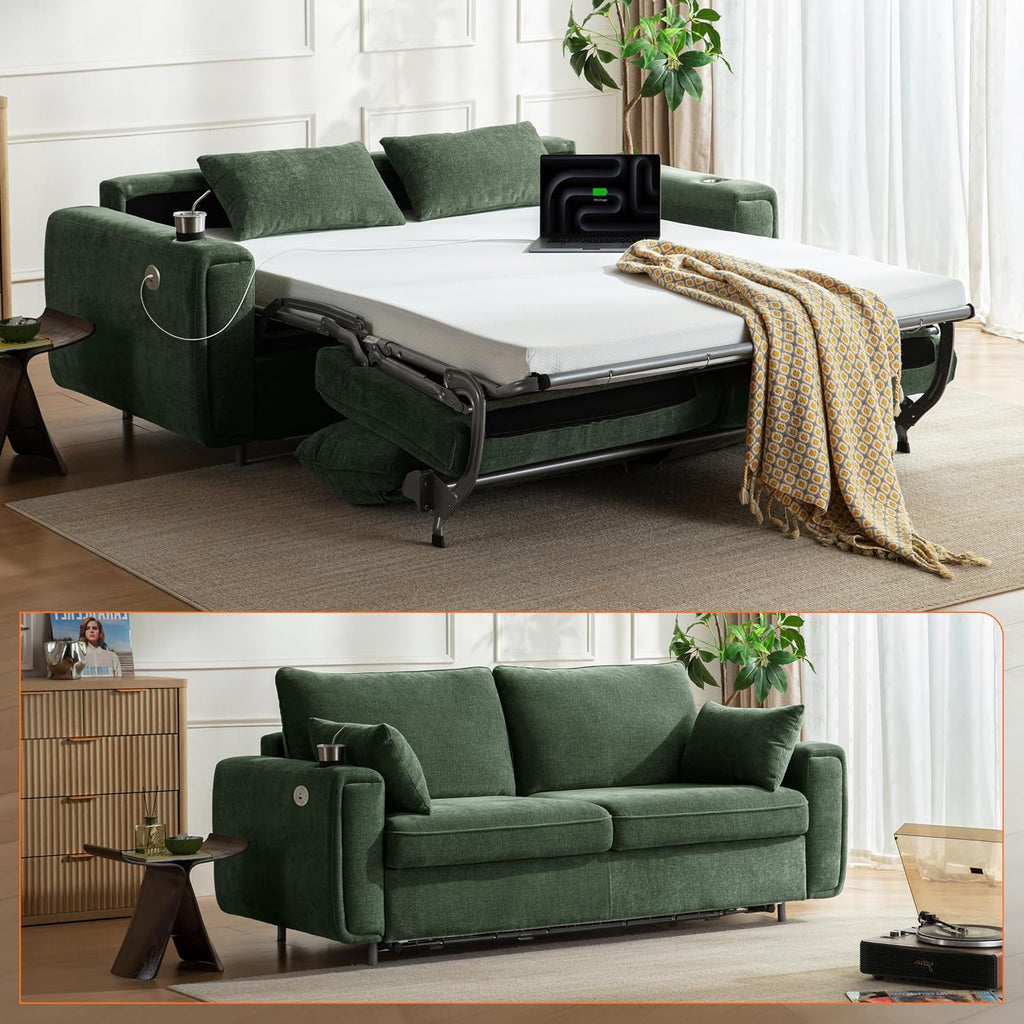 Pull Out Sofa Bed, No Cushion Removal, Queen Sleeper Sofa with USB Fast Charging, Memory Form Mattress, 2-in-1 Convertible Comfy Loveseat Couch Bed for RV, Apartment, and Small Spaces (Green)