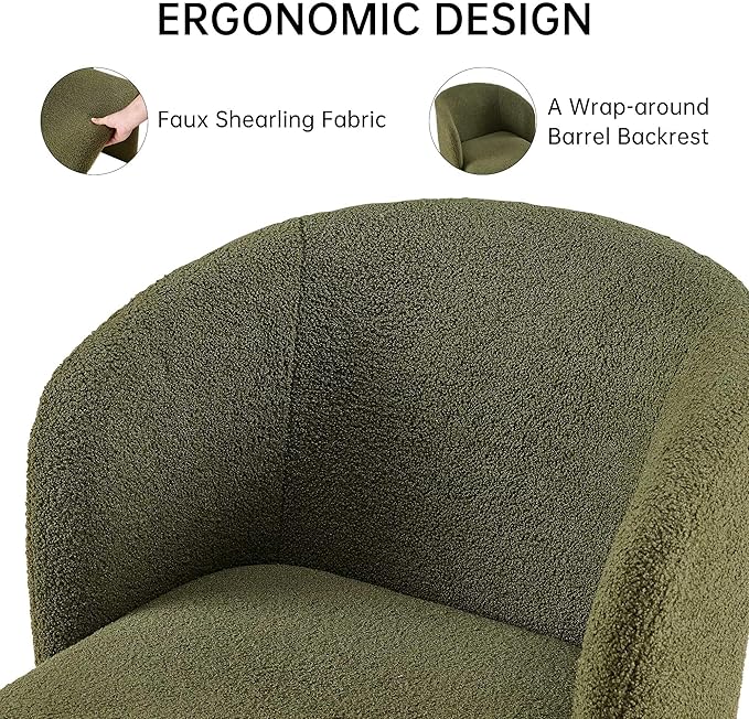 NORDICANA Barrel Dining Room Chair with Arms, Faux Fur Accent Chair for Kitchen, Living Room, Upholstered Single Sofa Chair, Green