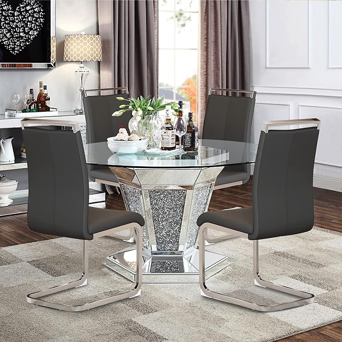 AZmac Modern Leather Dining Chairs Set of 4,Armless Kitchen Chairs,Dining Room Chairs with Upholstered Padded Seat and Sturdy Chrome Legs for Dining Room,Kitchen (Set of 4, Black+PU Leather)