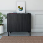 Sango Merk 2-Door Cabinet, Modern Black Storage Cabinet with Vertical Groove Doors, Adjustable Shelf, Cylindrical Wood Legs, Discreet Metal Finger Pulls, Stylish Furniture for Living or Dining Room