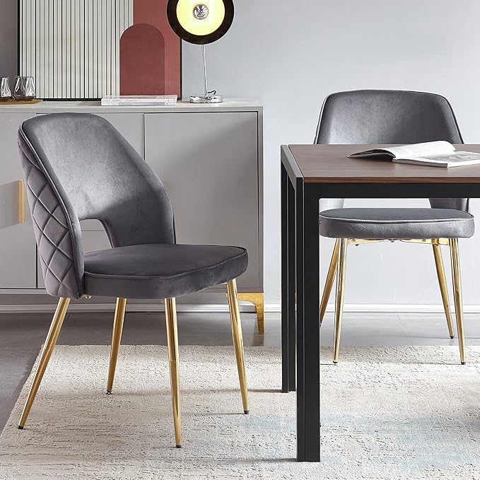NORDICANA Modern Dining Chair Set of 2, Grey Velvet Fabric Upholstered Accent Chairs with Golden Metal Legs, Round Back Side Chairs for Kitchen Living Room Bedroom