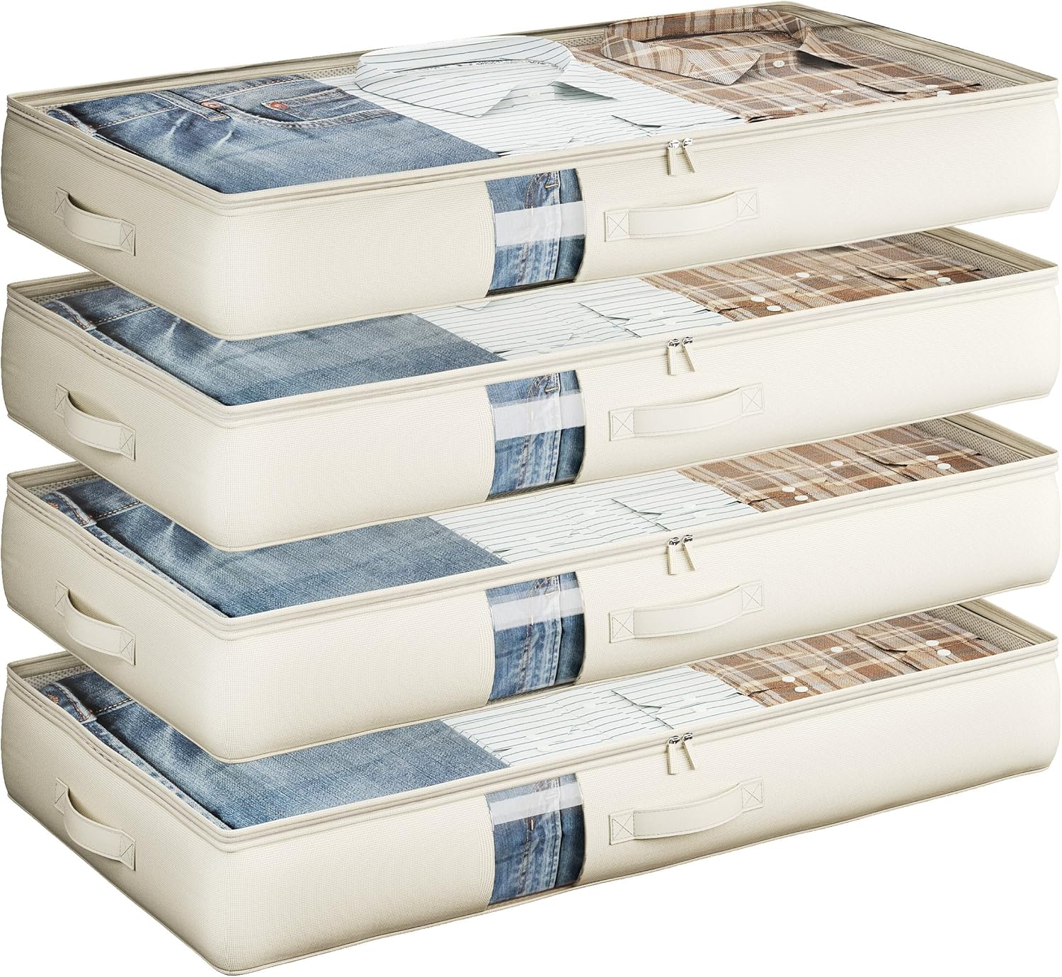 Soft-Sided Foldable Under bed Storage Bags with Window,No Rigid Frame Closet Organizers,Storage Containers for Blankets, Clothing, Comforter, Collapsible Fabric Design,4 Pack, White Ivory