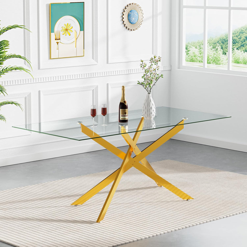 7 Piece Glass Dining Table Set Modern Glass Dining Table Set for 6, 61" Rectangular Gold Kitchen Table and 6 Velvet Upholstered Chairs, Gold Table & Beige Chair