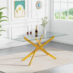 7 Piece Glass Dining Table Set Modern Glass Dining Table Set for 6, 61" Rectangular Gold Kitchen Table and 6 Velvet Upholstered Chairs, Gold Table & Beige Chair