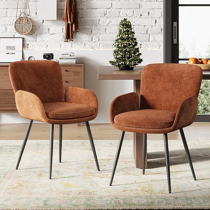 VKNOW Modern Dining Chairs Set of 4, Upholstered Dining Room Chair with Armrest, Kitchen Chairs with Curved Ergonomics Backrest for Living Room, Dining Room, Kitchen, Orange