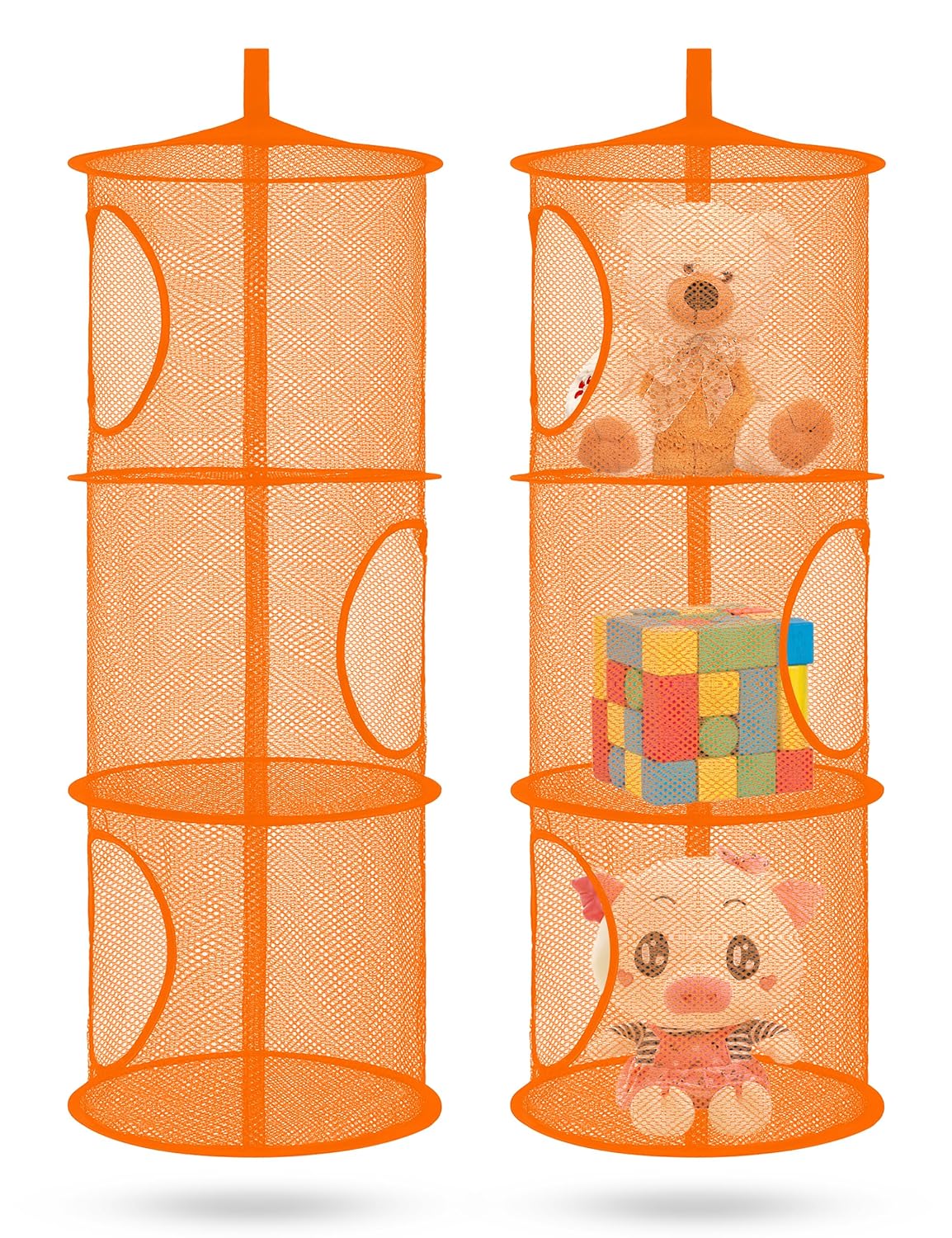 Libeder Mesh Hanging Storage Space Saver Bags Organizer,Foldable Storage Organizer 3 Compartments Toy Storage Basket for Kids Room Bathroom 2 Sets Orange