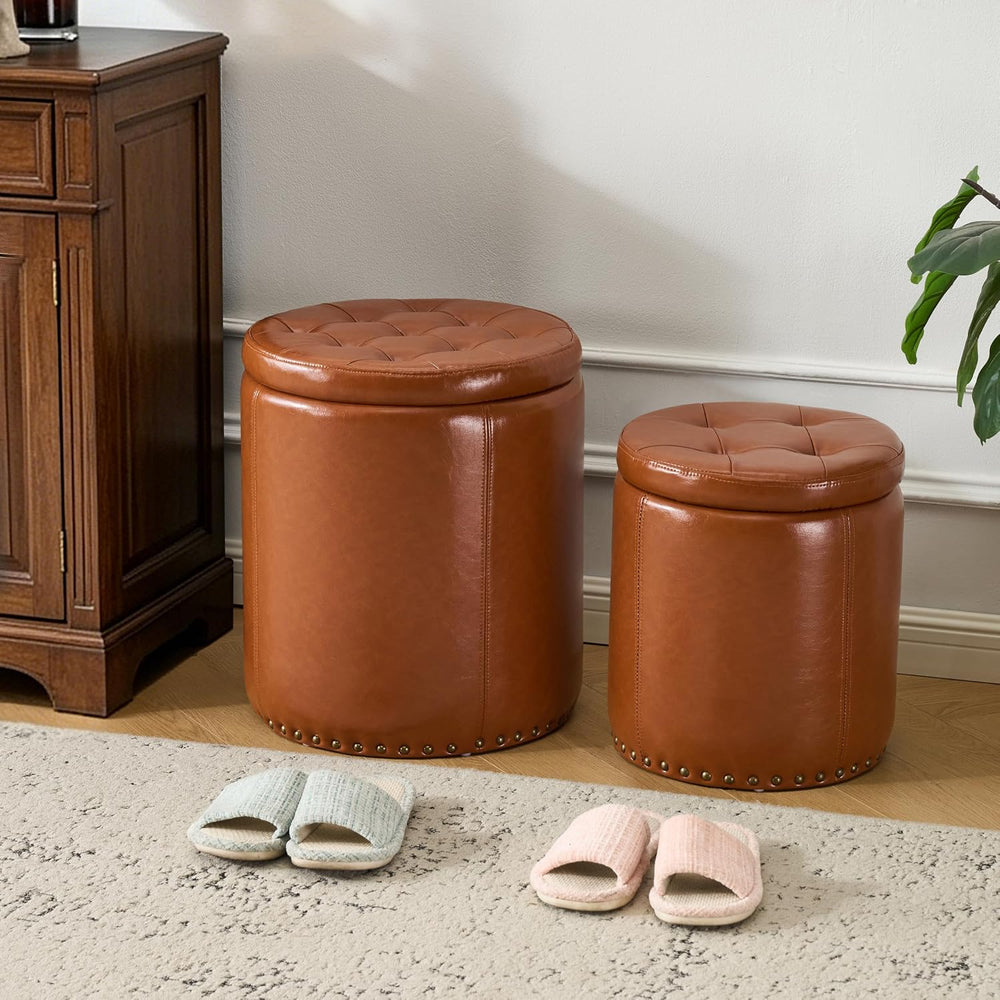 Royal Windsor Round Ottoman with Storage Set of 2, Faux Leather Button Tufted...