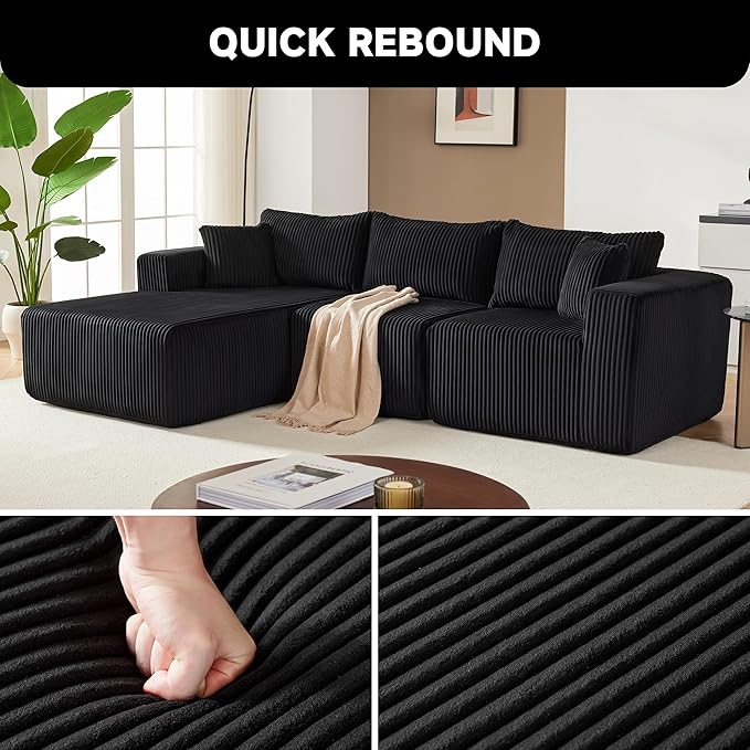 97" Modular Sectional Sofa, L-Shaped Boneless Couch with Deep Seat, Cozy Cloud Couch Sectional with Convertible Ottoman, Modern Sectional Couches for Living Room（ Black）