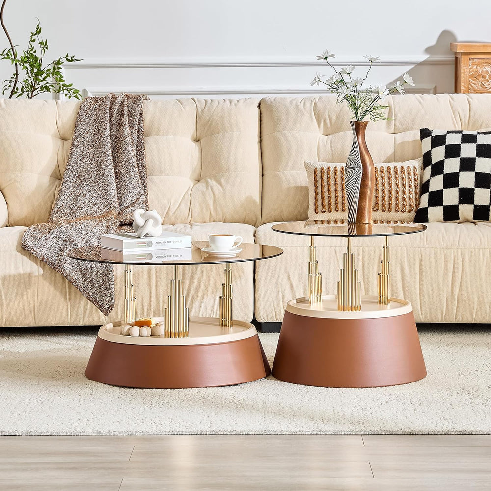 2-Piece Nesting Coffee Table Set, Brown and Gold Metal, Round Side Tables | N...