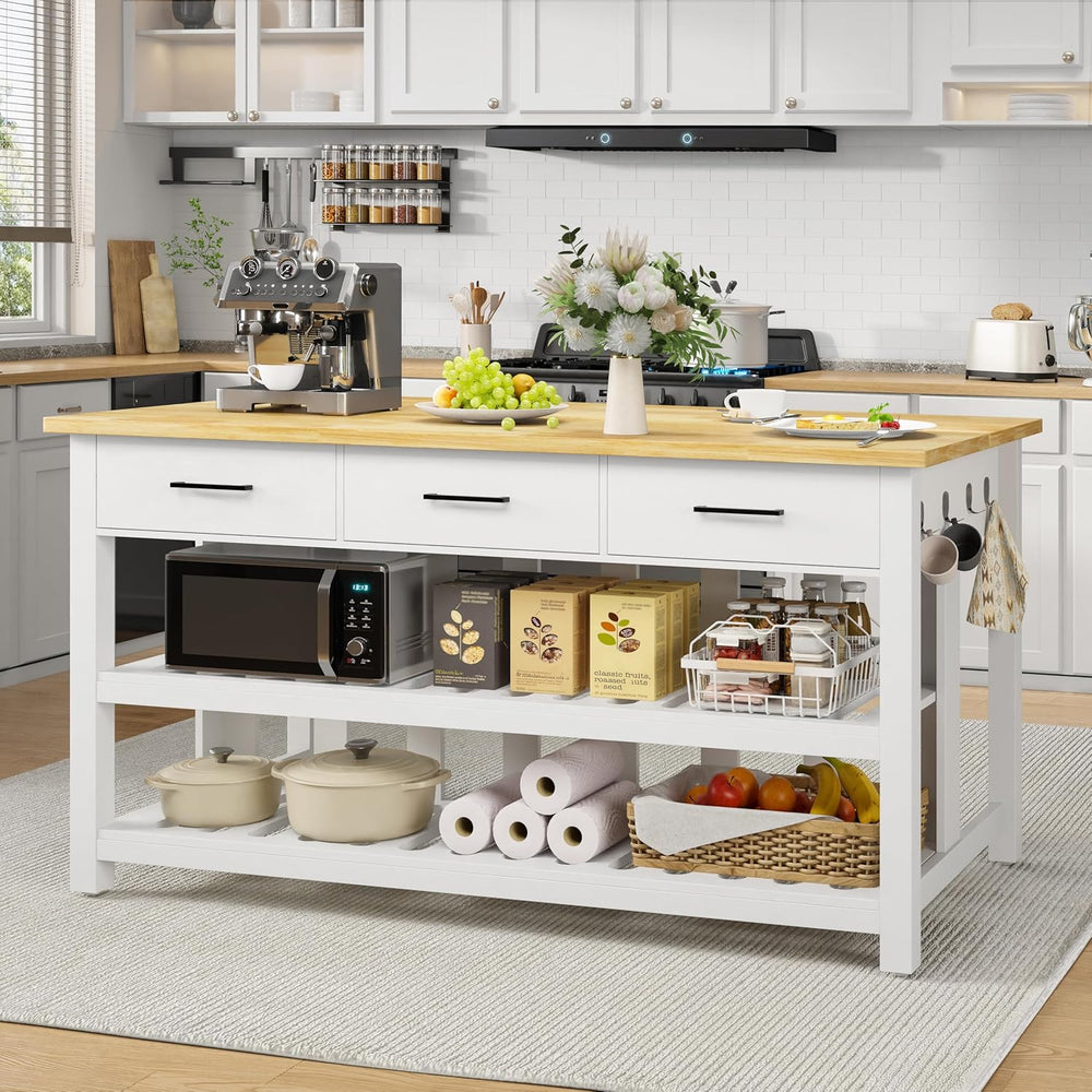 DynJest 60" Solid Rubberwood Kitchen Island with Power Outlets, Hooks,Wh...