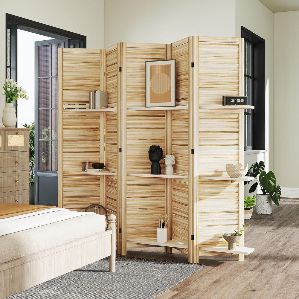 HOMCOM Room Divider with Shelves, 5 Panel, 67" Tall, Natural Wood