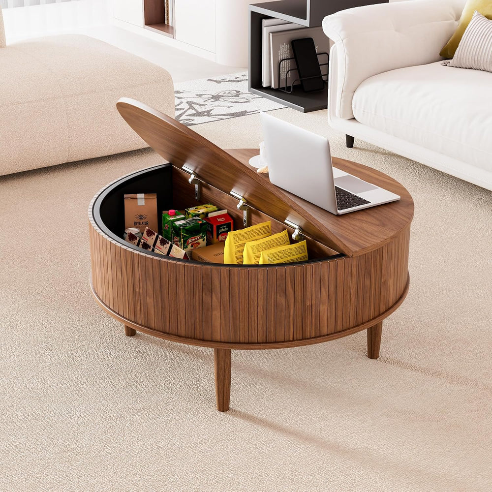Round Fluted Lift Top Coffee Table with Storage, Mid Century Modern Coffee Ta...