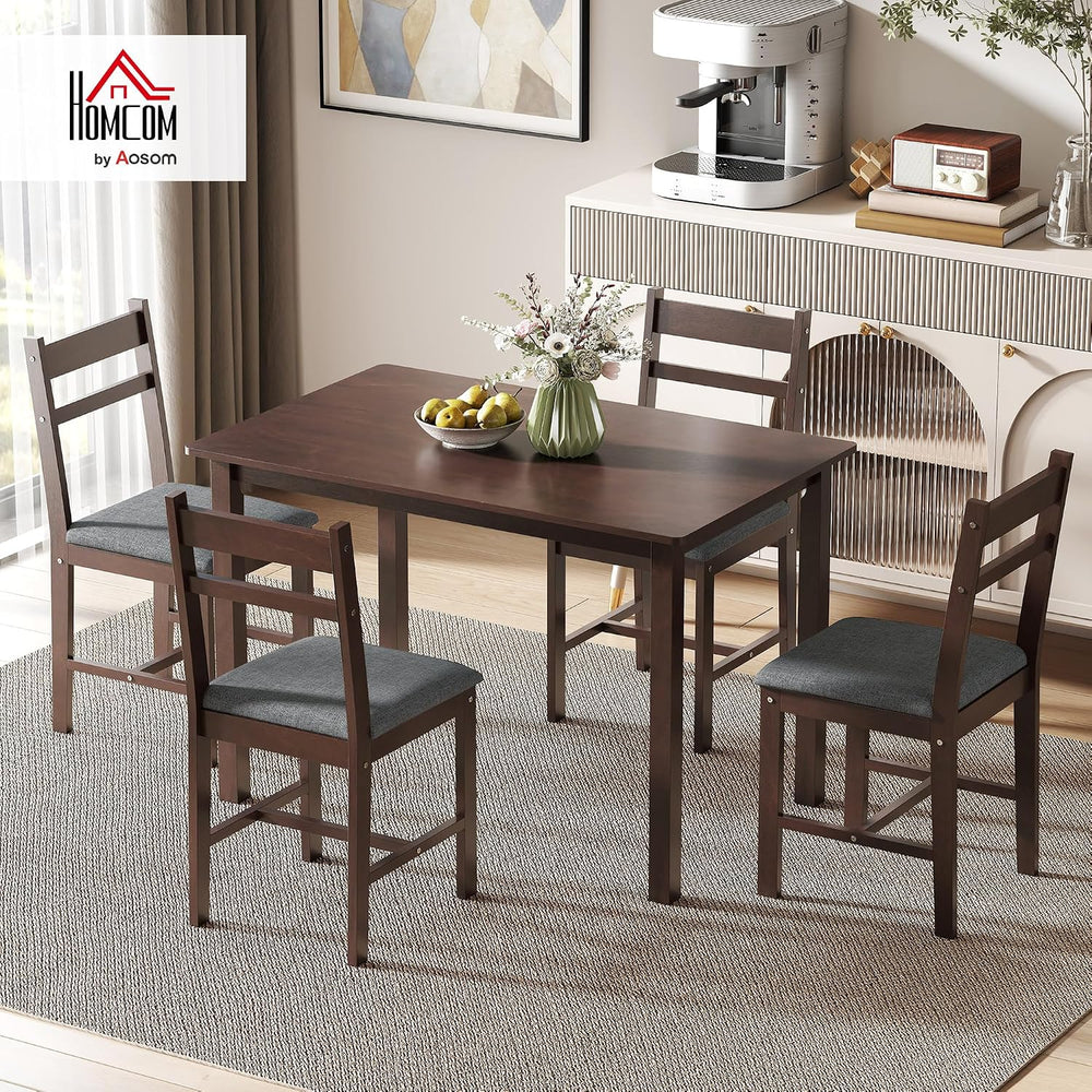 HOMCOM 5-Piece Solid Wood Dining Table Set for 4, Walnut and Gray | Farmhouse...
