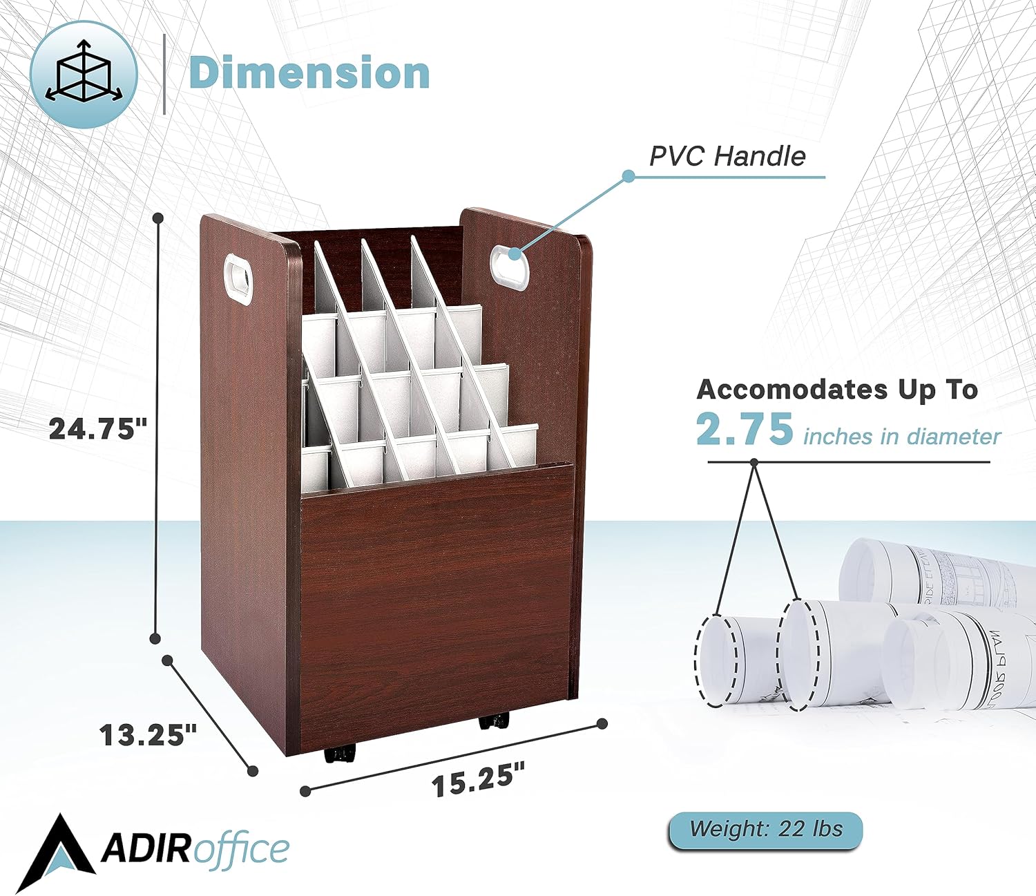 AdirOffice Adir Blue Print Storage Organizer - Mobile Roll File Cart, Construction Plan Holders, Blueprint Cabinet with Wheels, Roll Files Storage for Office and Home (20 Slots, Mahogany)