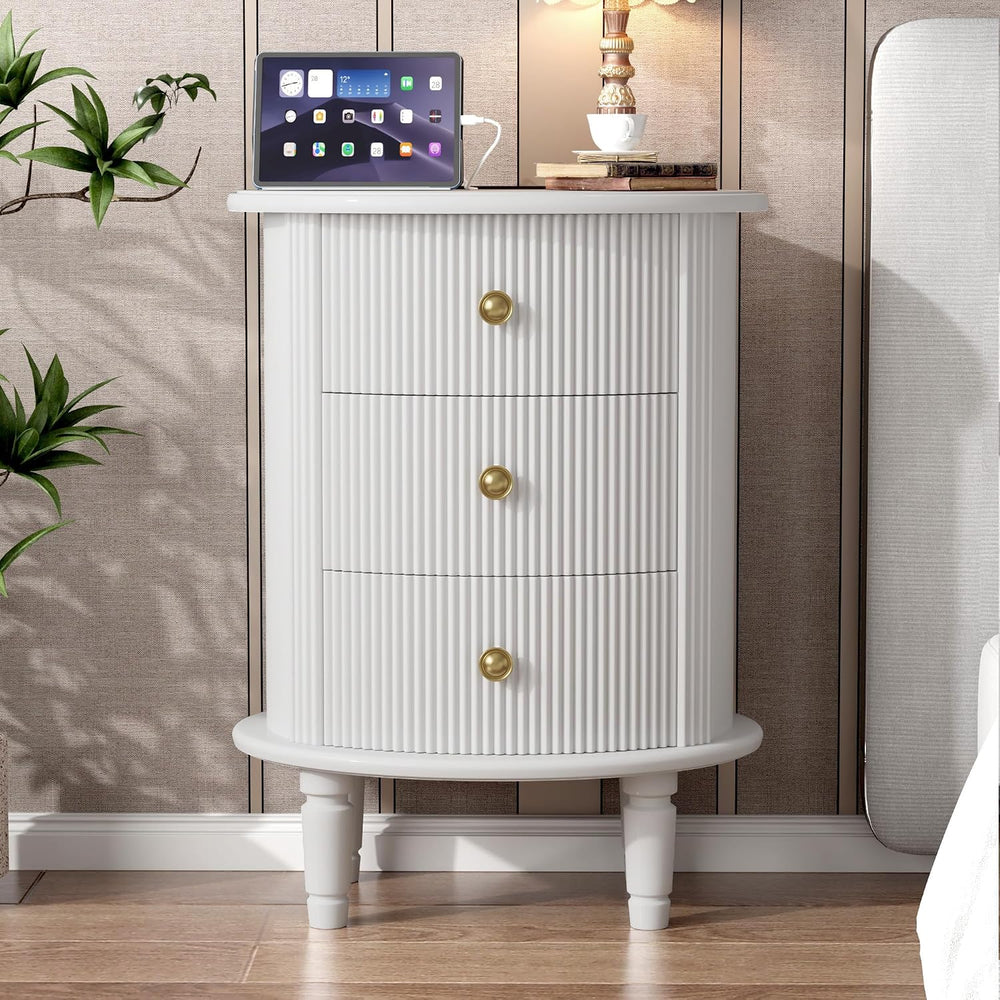 Round End Table with Charging Station, Wood Side Table with Storage for Small...