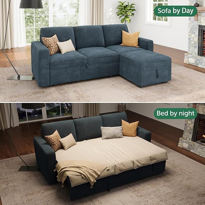 HONBAY Modular Sectional Sleeper Sofa with Pull Out Bed, L Shaped Sofa with Storage, Modular Sectional Couches for Living Room, Blue