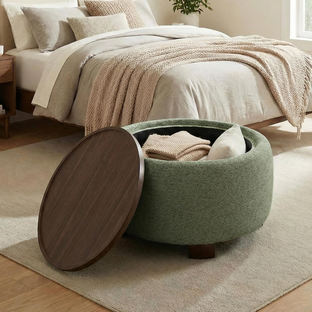 VKNOW 30 Inch Fabric Round Storage Ottoman with Wood Lift-Off Lid, Green | Mo...