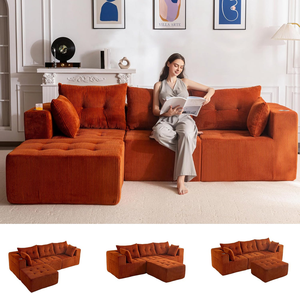 MAXYOYO Couch, L-Shaped Modular Cloud Couch, 4-Seat Sofa, Ottoman | Orange Tu...