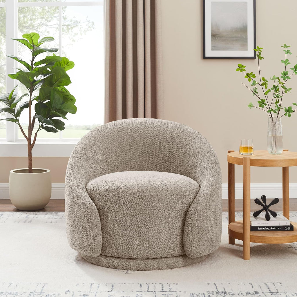 VANOMi Swivel Chairs for Living Room, 34" W Boucle Accent Chair, Taupe | 360 Degree Swivel Barrel Chair Comfy Chair for Bedroom Oversized Armchair Reading Nook Chairs for Apartment, Office Reception