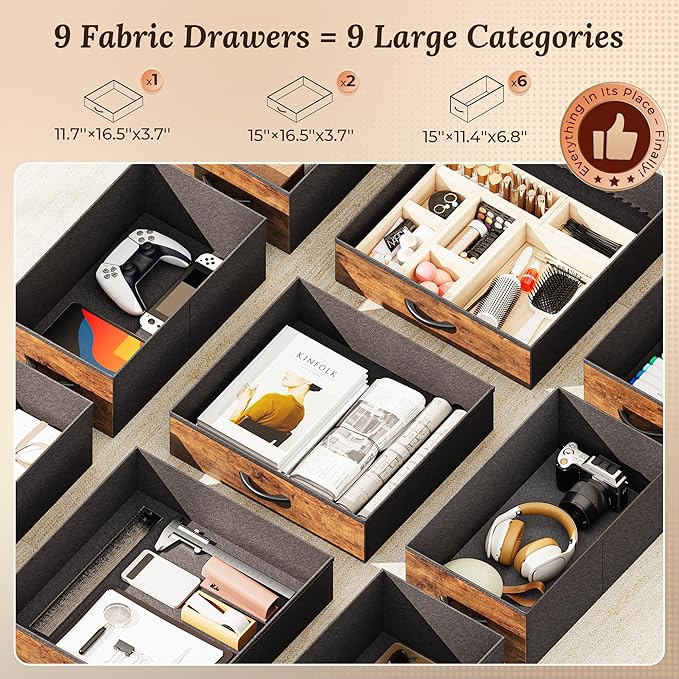 PRAISUN 54 Inch Office Desk with Outlets, Computer Desk with 9 Fabric Drawers, Writing Gaming Work Study Desk for Bedroom, Living Room, Home Office, Large Storage, Rustic Brown