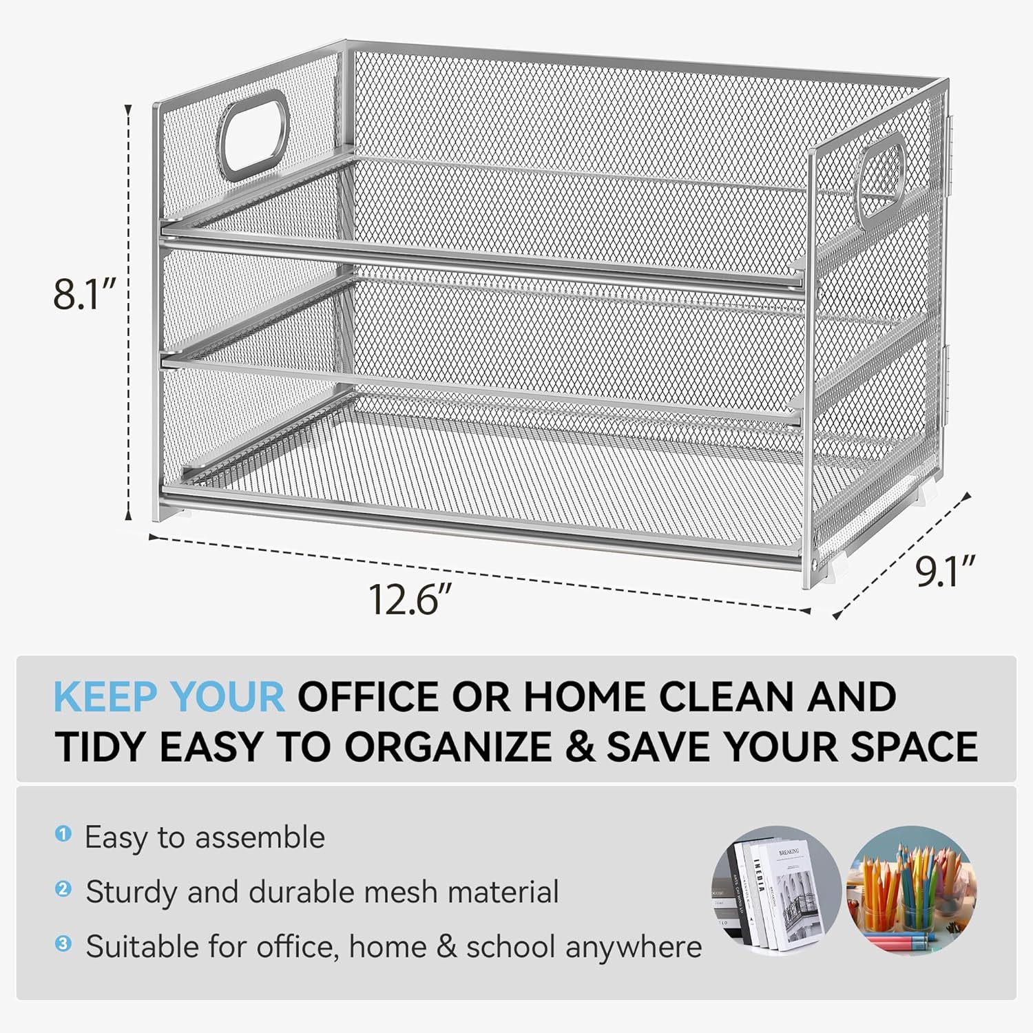 Subekyu 3 Tier Paper Desk Organizer with Handle and 1 PC Slideable Letter Tray, A4 Paper File Folder Sorter Metal Mesh Organizer for Home Office School Desk Supplies Organization Storage, Silver