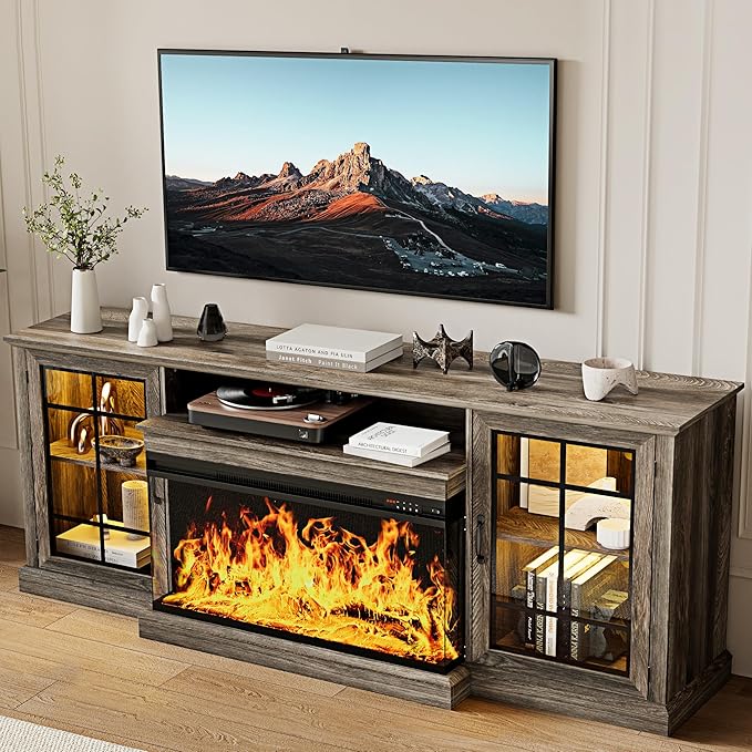MXV 80'' Fireplace TV Stand, Farmhouse Entertainment Center with 3 Sided Glass TV Stand, Modern Media Console Table with Storage Drawers & Cabinets with LED Flame and Lights for Living Room, Gray