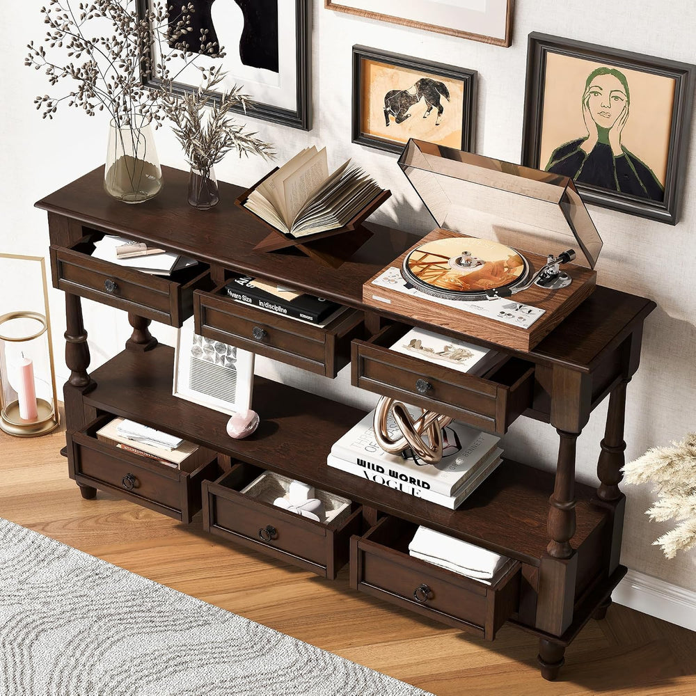 Knocbel Console Table with 6 Storage Drawers and Bottom Shelf, Vintage Sofa T...